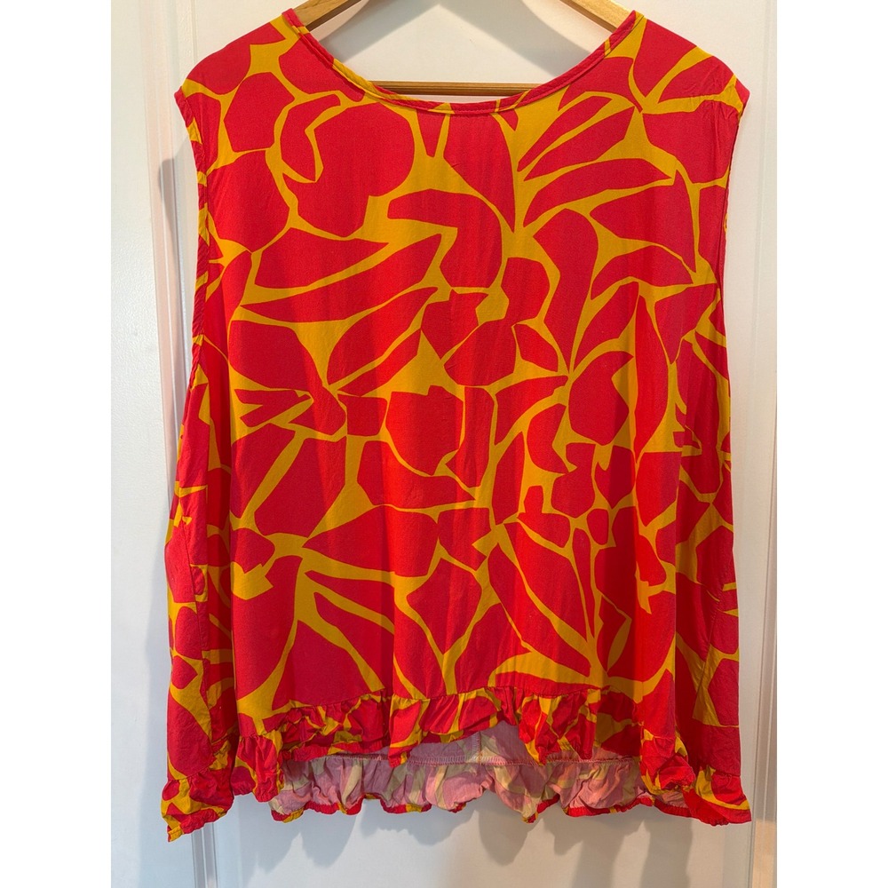 Lovely Melody Red Yellow Abstract Ruffle Hem Button Back Sleeveless Top SET330PL